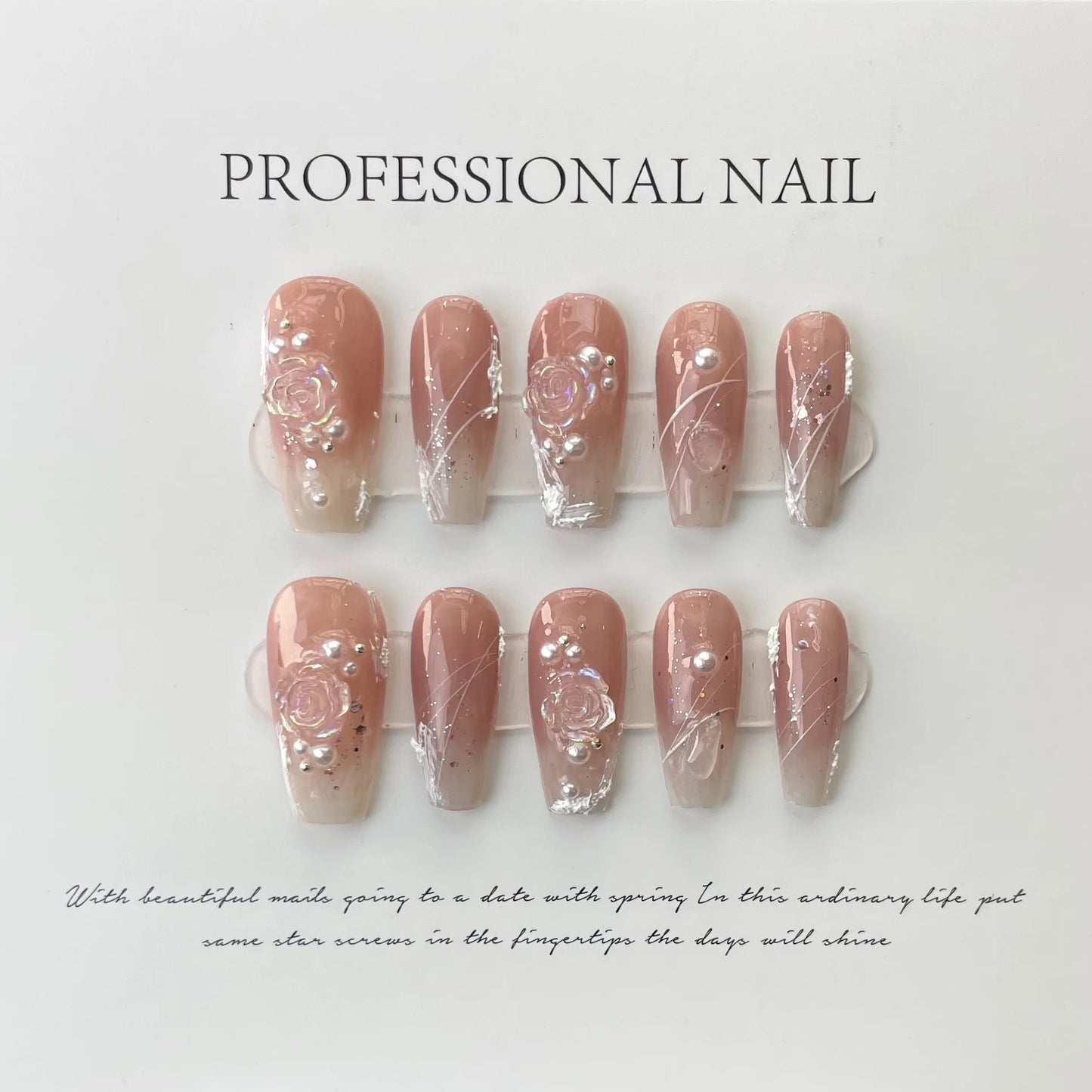 10Pcs Handmade Press on Nails with 3D Ocean Moon Rhinestone Design