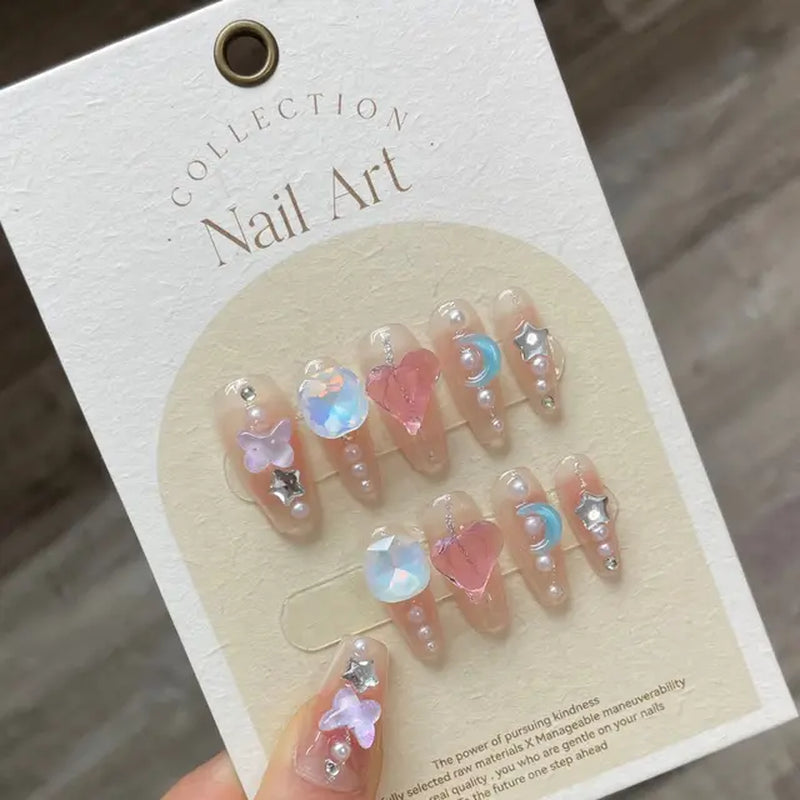 10Pcs Handmade Press on Nails with 3D Ocean Moon Rhinestone Design