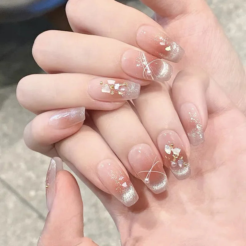 10Pcs Handmade Press on Nails with 3D Ocean Moon Rhinestone Design