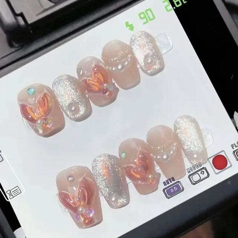 10Pcs Handmade Press on Nails  with 3D Ocean Moon Rhinestone Design