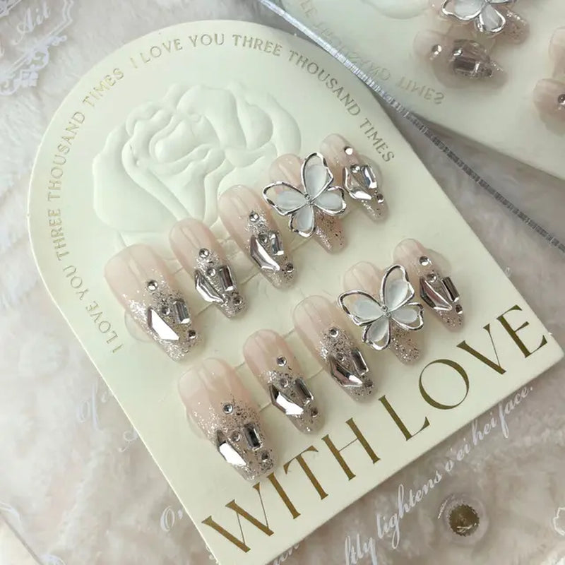 10Pcs Handmade Press on Nails  with 3D Ocean Moon Rhinestone Design