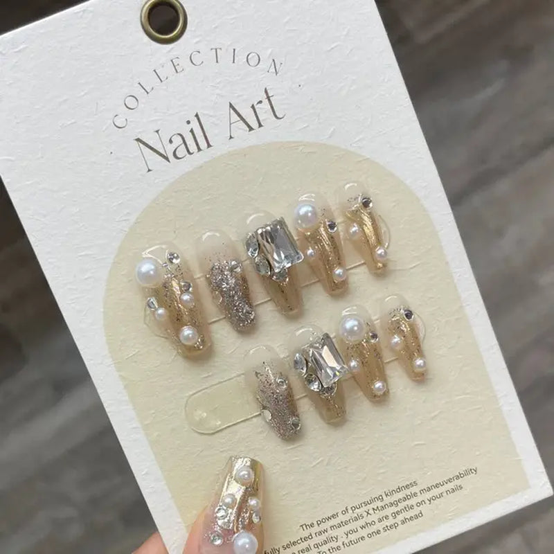 10Pcs Handmade Press on Nails  with 3D Ocean Moon Rhinestone Design
