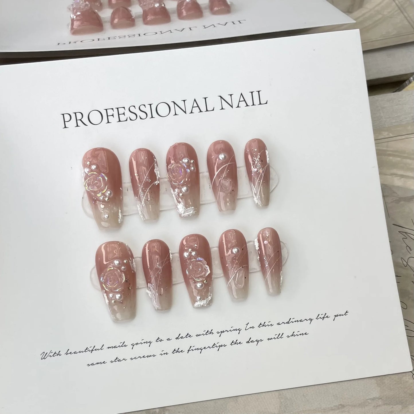 10Pcs Handmade Press on Nails  with 3D Ocean Moon Rhinestone Design
