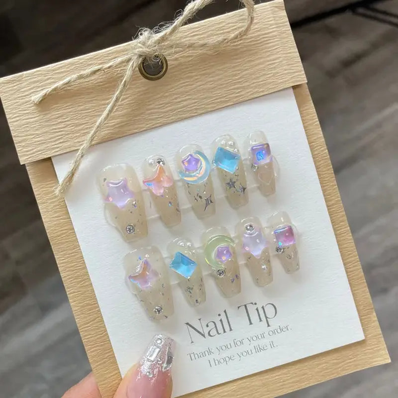 10Pcs Handmade Press on Nails  with 3D Ocean Moon Rhinestone Design
