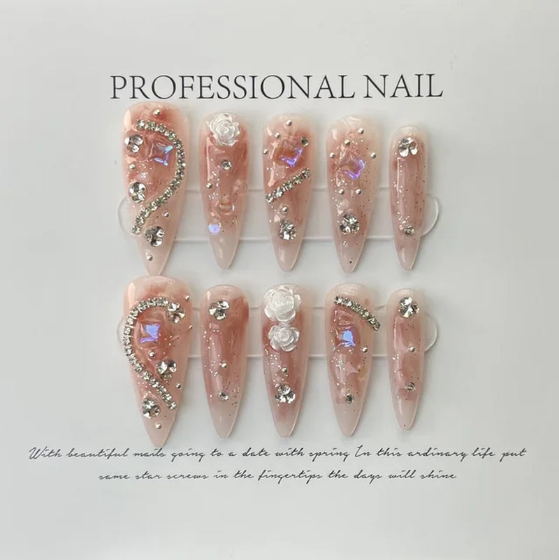 10Pcs Handmade Press on Nails  with 3D Ocean Moon Rhinestone Design