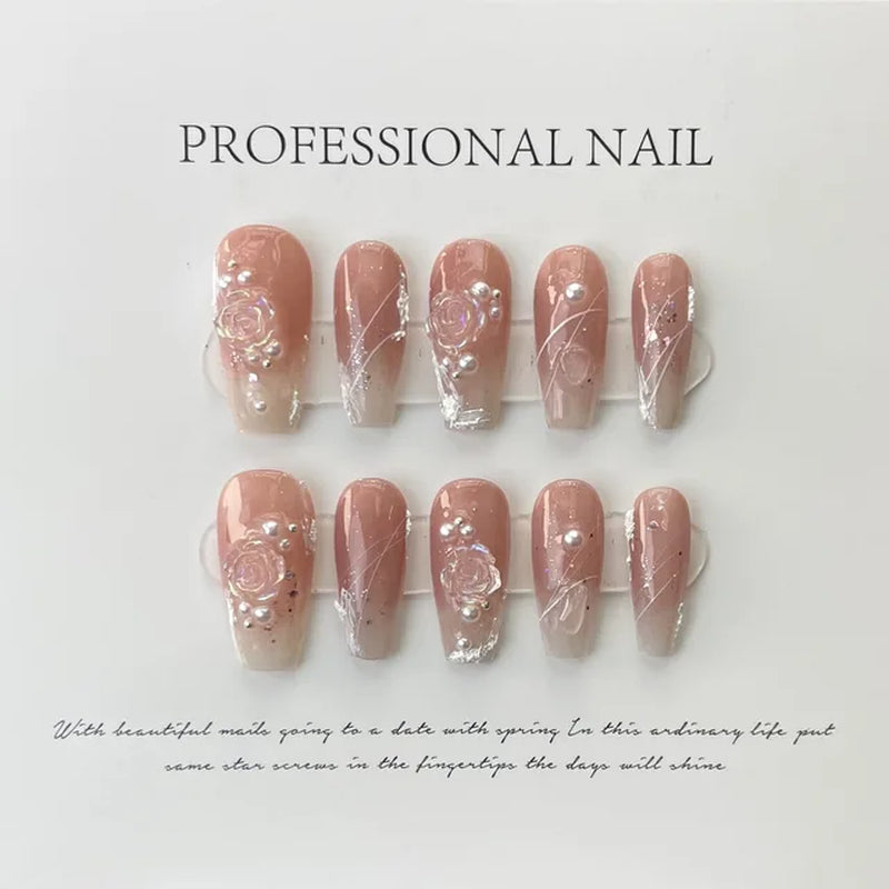 10Pcs Handmade Press on Nails  with 3D Ocean Moon Rhinestone Design