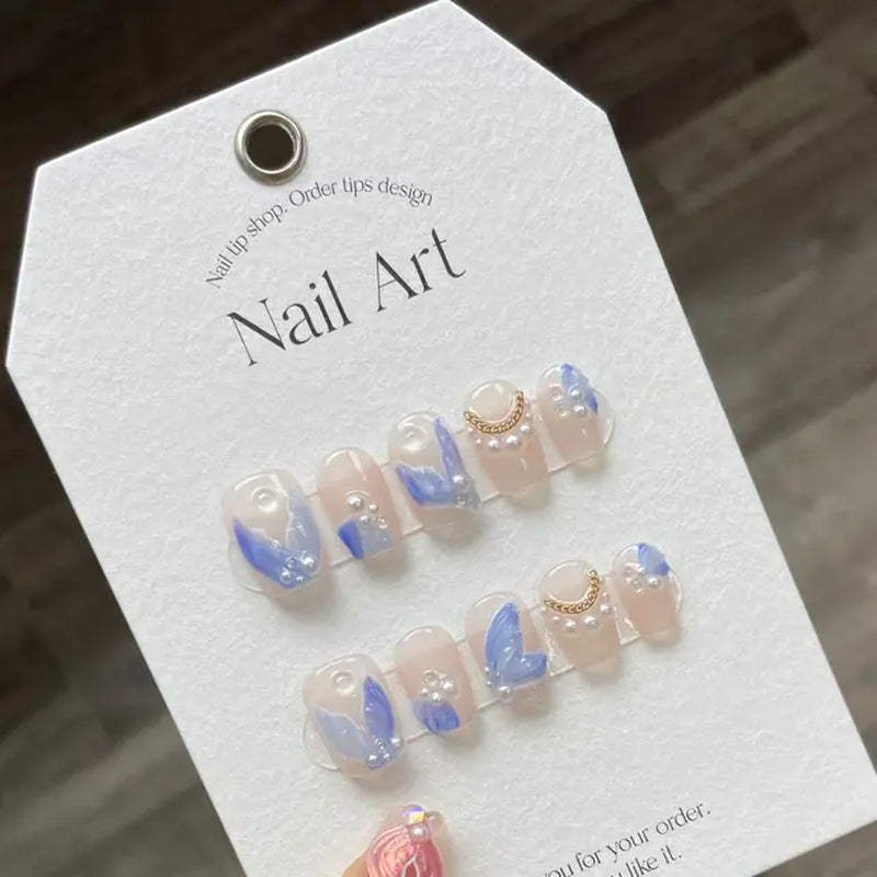 10Pcs Handmade Press on Nails  with 3D Ocean Moon Rhinestone Design