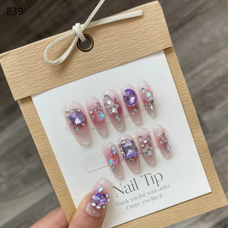 10Pcs Handmade Press on Nails  with 3D Ocean Moon Rhinestone Design