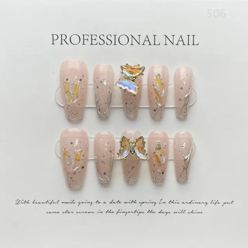 10Pcs Handmade Press on Nails  with 3D Ocean Moon Rhinestone Design