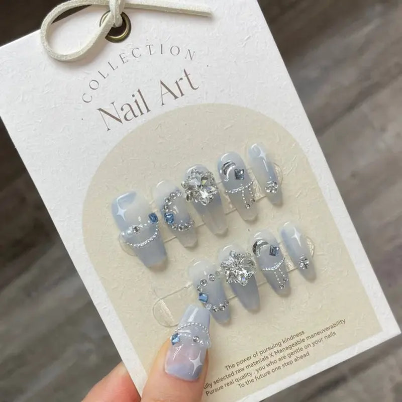 10Pcs Handmade Press on Nails  with 3D Ocean Moon Rhinestone Design