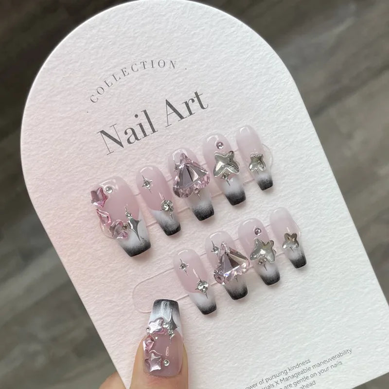 10Pcs Handmade Press on Nails  with 3D Ocean Moon Rhinestone Design