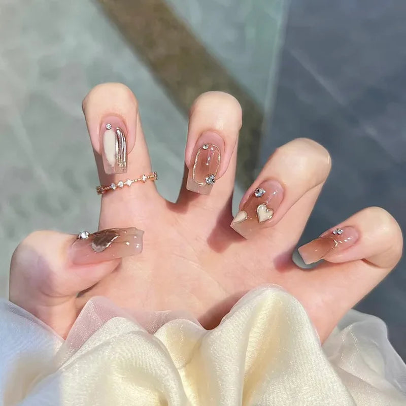 10Pcs Handmade Press on Nails  with 3D Ocean Moon Rhinestone Design